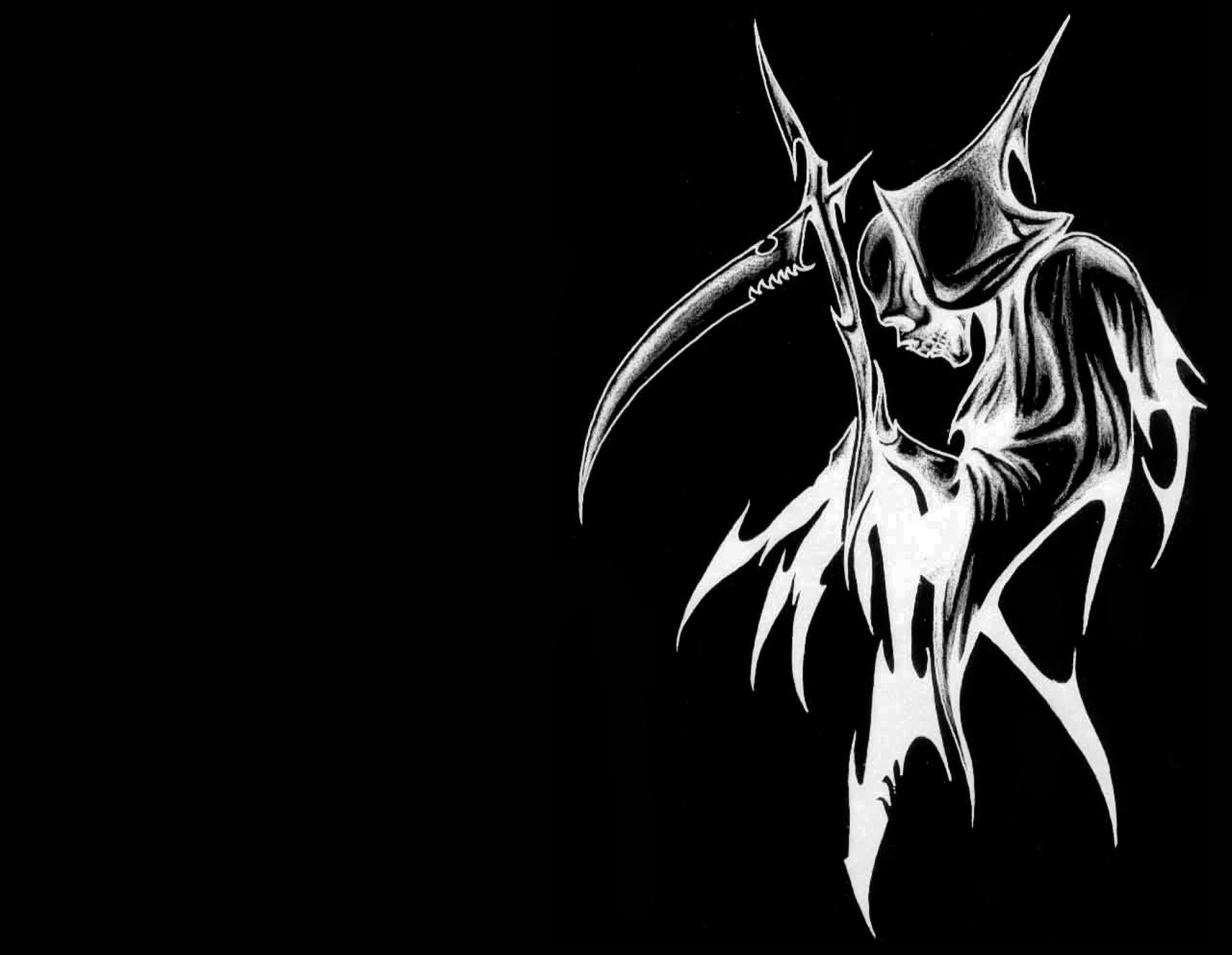 HD desktop wallpaper of a gothic, dark, and scary artwork featuring a skeletal figure in a hood, wielding a scythe, against a black background.