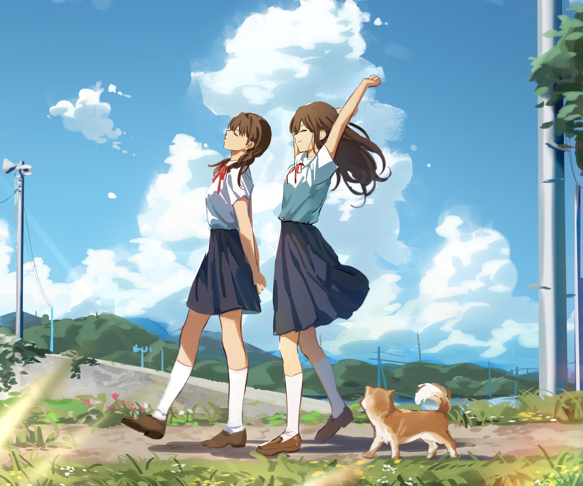 Anime friends: two schoolgirls in sailor uniforms laugh and stretch on a sunny hill with a cat, blue sky and clouds — 4K Ultra HD PC desktop wallpaper background.