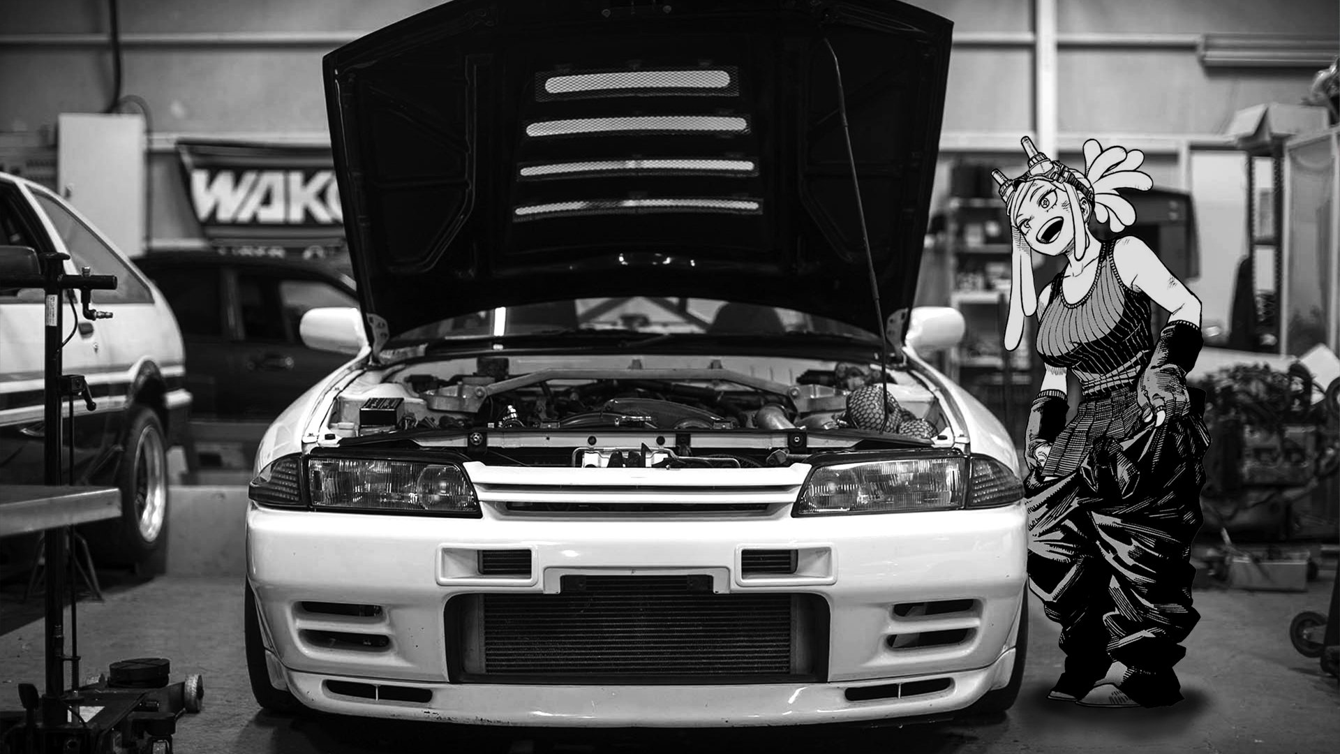 Black-and-white garage shot of a car with its hood up, Mei Hatsume from My Hero Academia in tech gear at right — HD PC desktop wallpaper/background.