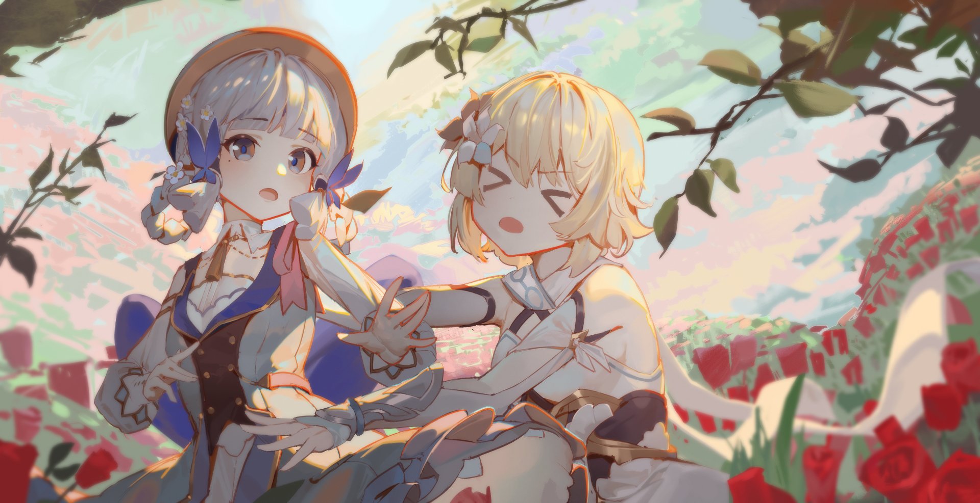 4K Ultra HD PC wallpaper featuring Lumine and Kamisato Ayaka from the video game Genshin Impact in a vibrant, scenic outdoor setting.