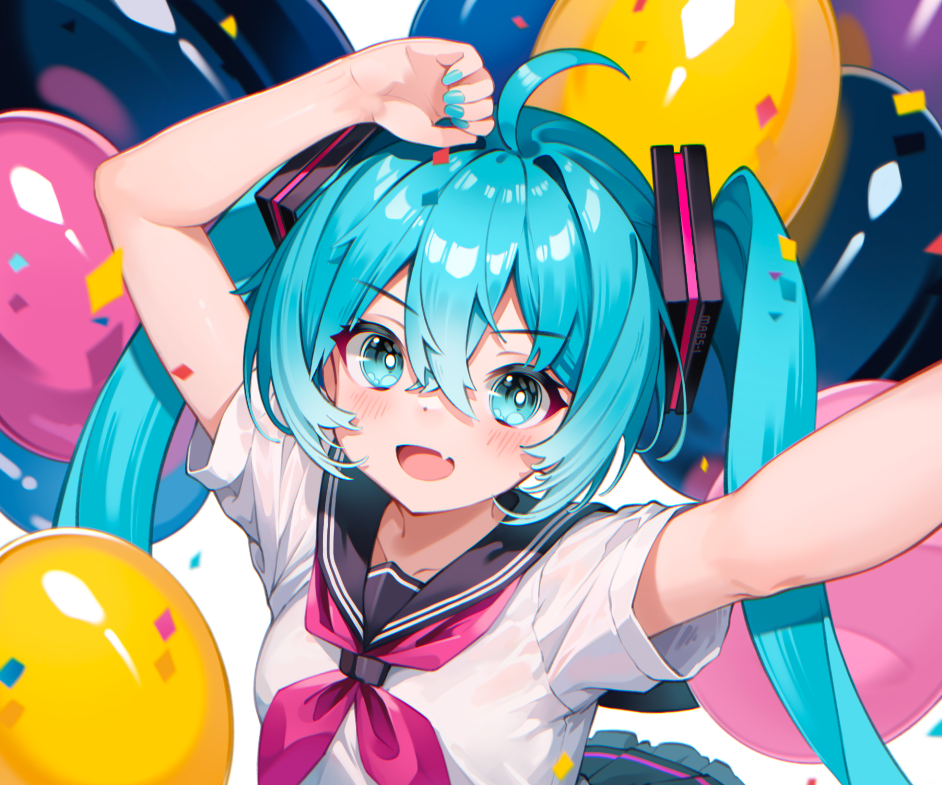 A vibrant HD wallpaper featuring Hatsune Miku, the popular Vocaloid character, joyfully posing with colorful balloons, showcasing her signature turquoise hair and playful demeanor.