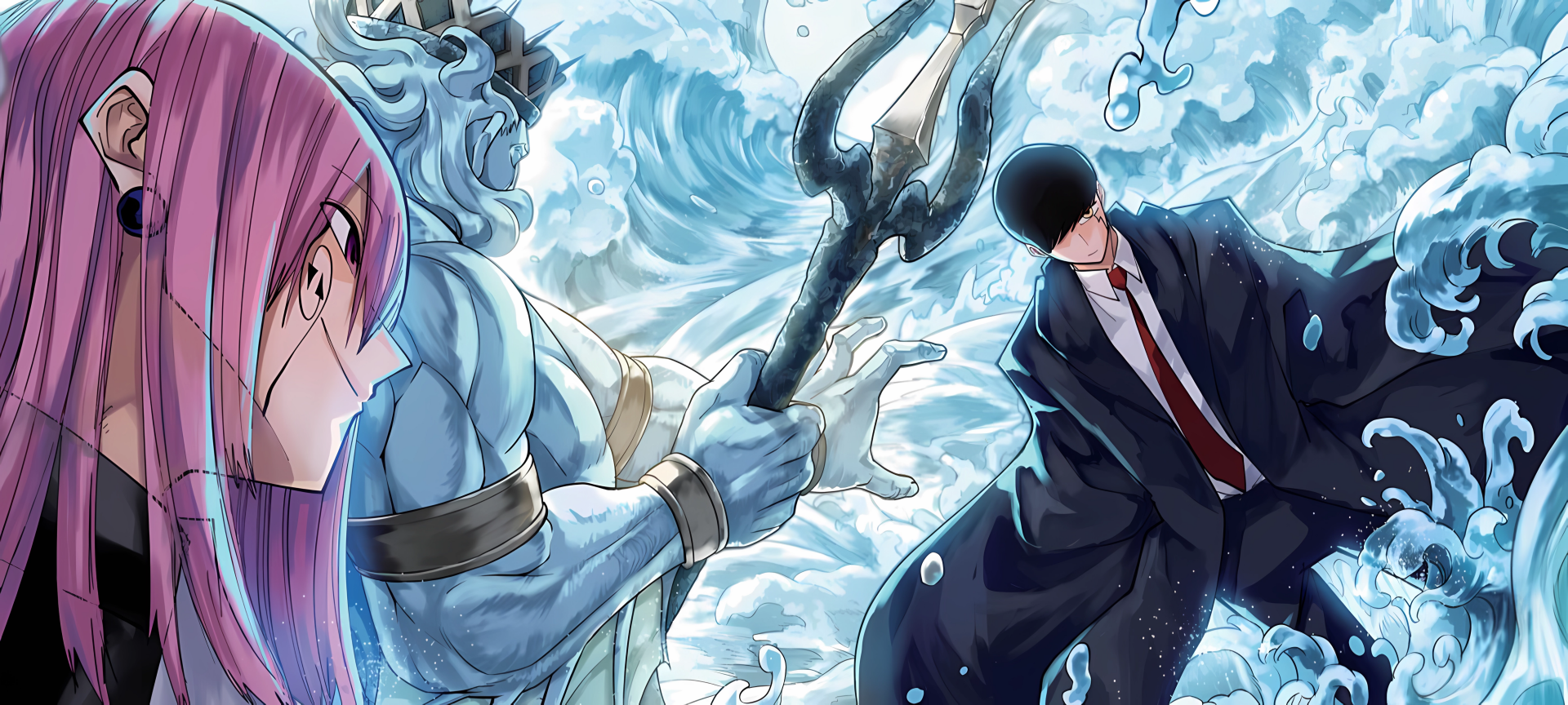 Anime 4K Ultra HD PC desktop wallpaper/background of Mash Burnedead from Mashle: Magic and Muscles — in a suit facing a trident-wielding water spirit amid crashing, swirling waves.