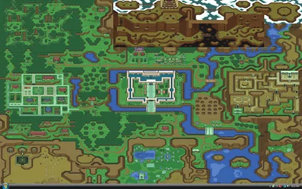 An HD desktop wallpaper featuring a detailed map from the video game The Legend of Zelda: A Link to the Past, showcasing various terrains, structures, and landmarks from the game.