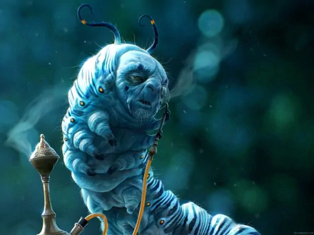 HD PC desktop wallpaper featuring the blue caterpillar character from the 2010 movie Alice in Wonderland against a blurred, mystical background.