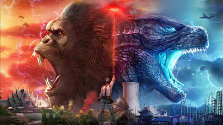 4K Ultra HD PC wallpaper featuring King Kong and Godzilla facing off with a Playerunknown's Battlegrounds character in the center against a fiery and electric cityscape.