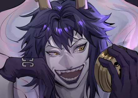 HD anime desktop wallpaper featuring Caesar Clown from One Piece with dark hair, yellow eyes, and a mischievous grin, holding a gold object.