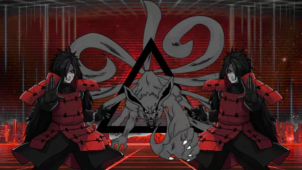 HD PC desktop wallpaper featuring Madara Uchiha and Kurama from the anime Naruto, set against a dynamic red and black background with stylized symbols.