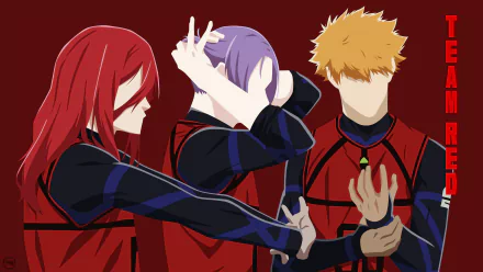 Anime-style 4K Ultra HD wallpaper featuring Blue Lock characters Rensuke Kunigami, Reo Mikage, and Hyoma Chigiri in red team uniforms against a dark background.