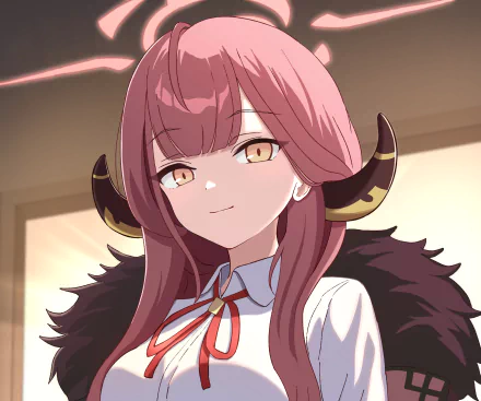 HD PC desktop wallpaper featuring Rikuhachima Aru from the video game Blue Archive, showcasing her confident expression and distinct horns.