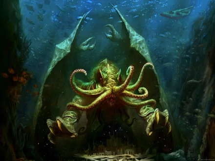 A vividly detailed HD wallpaper featuring Cthulhu, the iconic fantasy creature, emerging from the depths of the ocean with tentacles and powerful wings, set against an underwater backdrop.