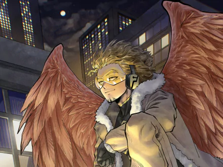 HD anime desktop wallpaper featuring Hawks from My Hero Academia, depicted with his signature red wings and yellow goggles against a cityscape backdrop at night.