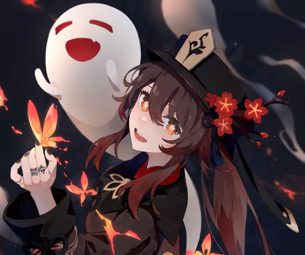 HD PC desktop wallpaper featuring Hu Tao from the video game Genshin Impact, showcasing her with glowing butterflies and a playful ghost spirit.