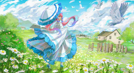 Sangonomiya Kokomi from Genshin Impact stands gracefully in a vibrant meadow with butterflies and birds, captured in a 4K Ultra HD PC desktop wallpaper.