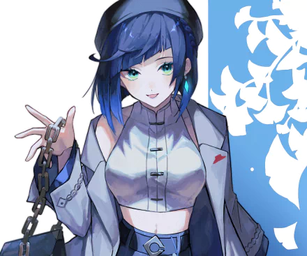 Yelan from the video game Genshin Impact, HD PC wallpaper: blue-haired figure in a cropped white top and coat, green eyes, holding a chain against a blue background with white petal silhouettes.