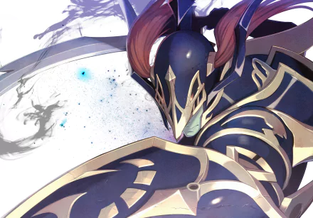 Vibrant 2K Quad HD anime desktop wallpaper of Yu-Gi-Oh! Black Luster Soldier in ornate dark armor striking a dynamic battle pose against a smoky white backdrop.