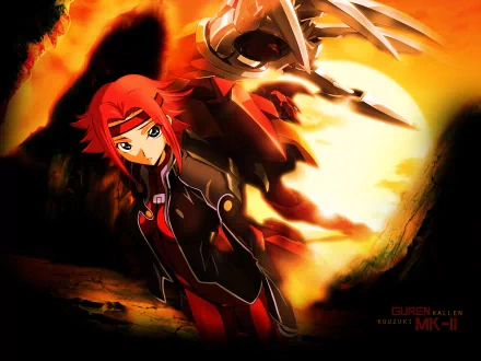 HD desktop wallpaper featuring Kallen Kōzuki from the anime Code Geass, depicted with intense orange and black tones and dynamic action elements.
