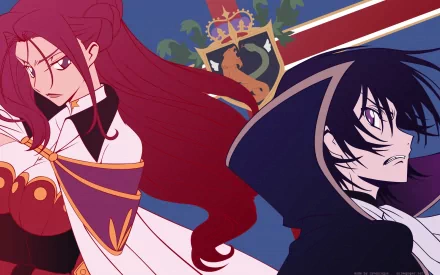 HD PC desktop wallpaper of Code Geass: Cornelia li Britannia and Lelouch Lamperouge back-to-back, dramatic poses with Britannian crest and a bold red-and-blue color scheme.