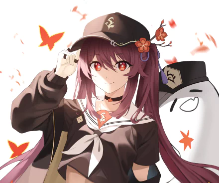 HD PC desktop wallpaper featuring Hu Tao from the video game Genshin Impact, surrounded by orange butterflies against a light background.