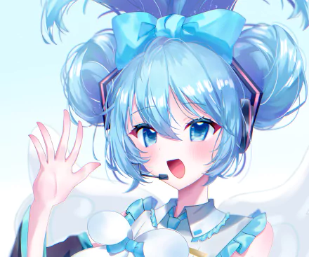 A vibrant HD desktop wallpaper featuring Hatsune Miku, the iconic Anime Vocaloid character, with her signature blue hair and headset, cheerfully waving at the viewer.