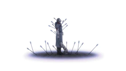 Thors from Vinland Saga stands stoically surrounded by arrows, symbolizing death in this striking 8K Ultra HD Viking anime wallpaper.