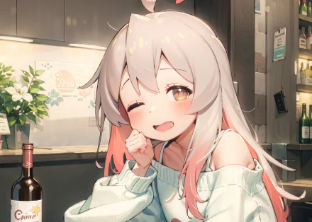Anime character Mahiro Oyama from Onimai: I'm Now Your Sister! winks and smiles warmly in a cozy indoor setting, featured in a 4K Ultra HD PC desktop wallpaper.