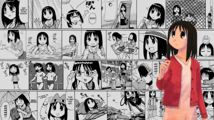 Ayumu Kasuga (Azumanga Daioh) anime HD PC wallpaper — colored Kasuga in a red jacket layered over a grayscale Azumanga Daioh manga-panel collage.