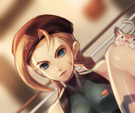 HD PC desktop wallpaper featuring Cammy from the video game Street Fighter — close-up portrait with braided hair, beret and a confident, blue-eyed gaze.