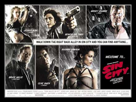 HD PC desktop wallpaper featuring main characters from the movie Sin City in a stylized, noir comic book design with dramatic rain and bold text elements.