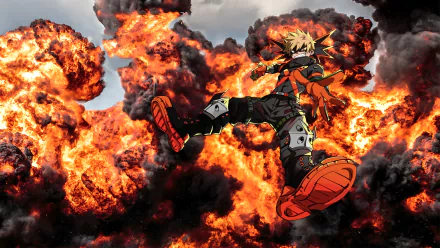 Dynamic HD wallpaper featuring Katsuki Bakugou from My Hero Academia, poised amidst dramatic explosions, showcasing action and intensity in anime style.