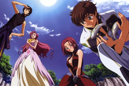 4K Ultra HD wallpaper featuring Lelouch Lamperouge, Suzaku Kururugi, Euphemia Li Britannia, and Kallen Kōzuki from the anime Code Geass under a bright moonlit sky.