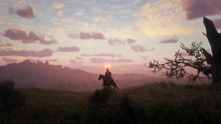 Silhouette of Arthur Morgan on horseback against a vibrant sunset sky in a Red Dead Redemption 2 4K Ultra HD PC wallpaper background.
