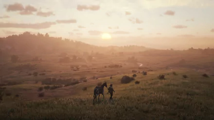 Sunset over open plains with cowboy Arthur Morgan from Red Dead Redemption 2 on horseback, captured in a 4K Ultra HD video game wallpaper.
