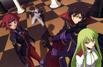 4K Ultra HD Code Geass anime wallpaper featuring Suzaku Kururugi, Kallen Kōzuki, Lelouch Lamperouge, and C.C. on a giant chessboard background.