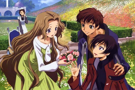 4K Ultra HD anime wallpaper featuring Sayoko Shinozaki, Nunnally Lamperouge, Suzaku Kururugi, and Lelouch Lamperouge from Code Geass in a vibrant garden setting.