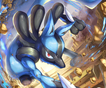 HD PC desktop wallpaper featuring Lucario from the video game Pokémon: Diamond and Pearl, depicted in dynamic action with blue energy and flying debris.