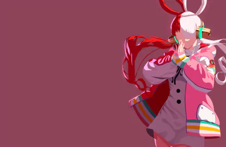 HD anime desktop wallpaper featuring Uta from One Piece in a colorful outfit with headphones, set against a solid maroon background.