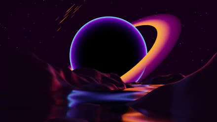 HD desktop wallpaper featuring a calm, psychedelic scene of a colorful planet with rings rising over a surreal landscape in a Sci-Fi setting.