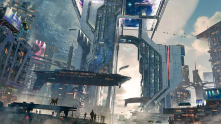 Futuristic sci-fi cityscape with towering structures and flying vehicles, depicted in high-definition detail as a PC desktop wallpaper background.
