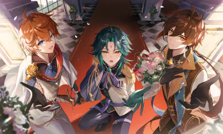 4K Genshin Impact PC wallpaper showing Zhongli, Xiao, and Tartaglia (Childe) posing in an ornate hall; vibrant video game artwork.