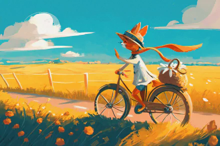 HD desktop wallpaper of a fantasy scene featuring a fox riding a bicycle through a sunny, flower-filled field, wearing a hat and scarf.