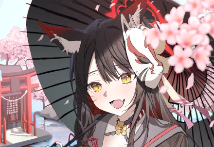 Kosaka Wakamo from the video game Blue Archive, smiling with a fox mask and parasol amid cherry blossoms and a shrine — 4K Ultra HD PC desktop wallpaper.