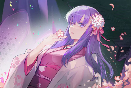HD PC desktop wallpaper featuring Parvati from Fate/Grand Order, depicted in an elegant anime style with flowing purple hair and cherry blossom petals.