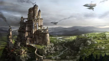 HD desktop wallpaper of Kingdom Under Fire 2, featuring a majestic fantasy cityscape with a towering castle, lush green landscape, winding river, and airships in a cloudy sky.