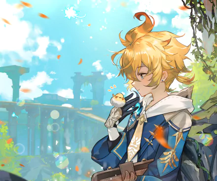 HD PC desktop wallpaper featuring Mika from Genshin Impact, holding a small bird against a bright, scenic background with ruins and a clear sky.