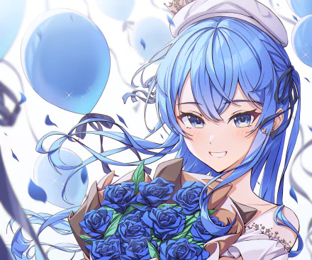 2K Quad HD PC wallpaper of Hololive virtual YouTuber Hoshimachi Suisei — anime-style blue-haired girl smiling, holding a bouquet of blue roses with floating balloons around her.