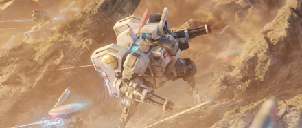 HD PC wallpaper featuring the Tau Empire's XV8 Crisis Battlesuit from the Warhammer 40k video game, depicted in dynamic combat amidst a dusty battlefield.