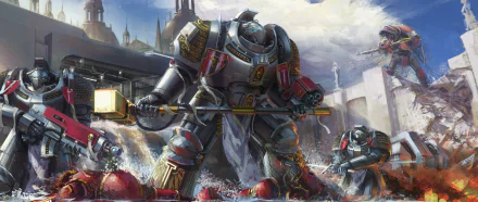 A majestic scene from Warhammer 40k featuring a giant warrior in ornate armor wielding a hammer, engaged in battle with other armored soldiers against a dramatic backdrop.