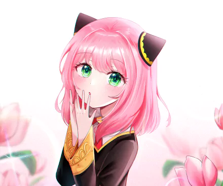 HD anime wallpaper featuring Anya Forger from Spy x Family with vibrant pink hair and green eyes, set against a soft, light background.