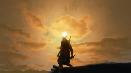 4K Ultra HD Sekiro: Shadows Die Twice wallpaper showing a silhouetted warrior standing against a dramatic sunset sky on a PC desktop background.