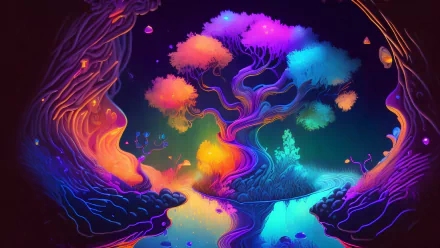 Vibrant AI Art 2K Quad HD PC desktop wallpaper and background of a glowing, multicolored tree inside a mystical cave with luminescent plants and a reflective pool.